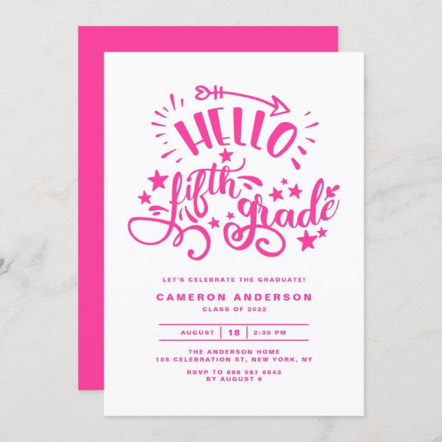 Hello Fifth Grade | Pink Fourth Grade Graduation Invitation (Front/Back)