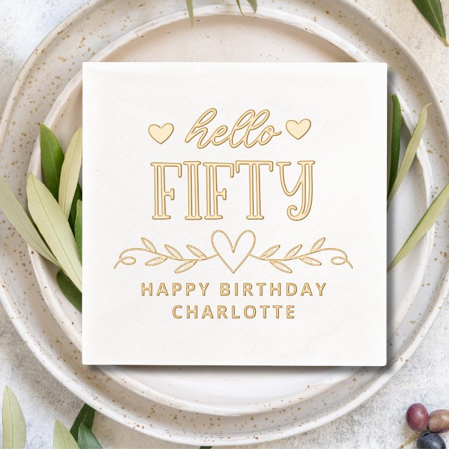 Hello Fifty 50th Birthday Floral Personalized Name Foil Napkins (Creator Uploaded)