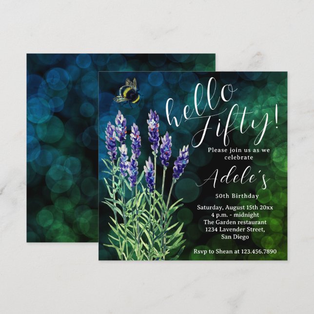 Hello fifty, 50th birthday Lavender watercolor  Invitation (Front/Back)