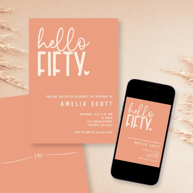 Hello Fifty 50th Birthday Modern Peach Minimal Invitation (Creator Uploaded)