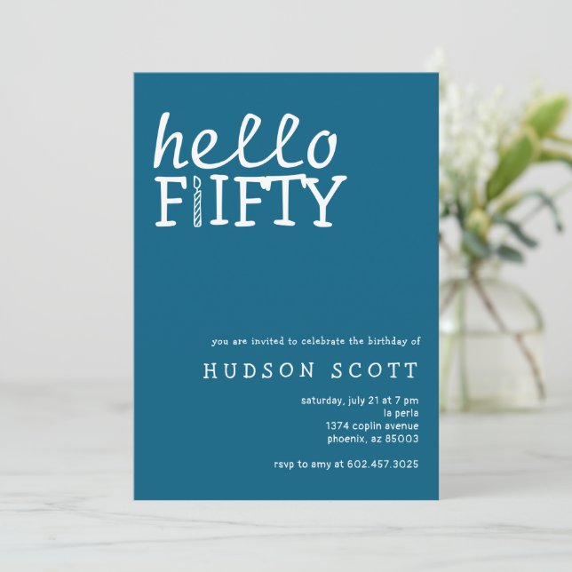 Hello Fifty 50th Birthday Party Modern Blue Invitation (Standing Front)