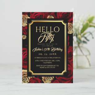 Hello Fifty Black Burgundy Rose 50th Birthday Invitation