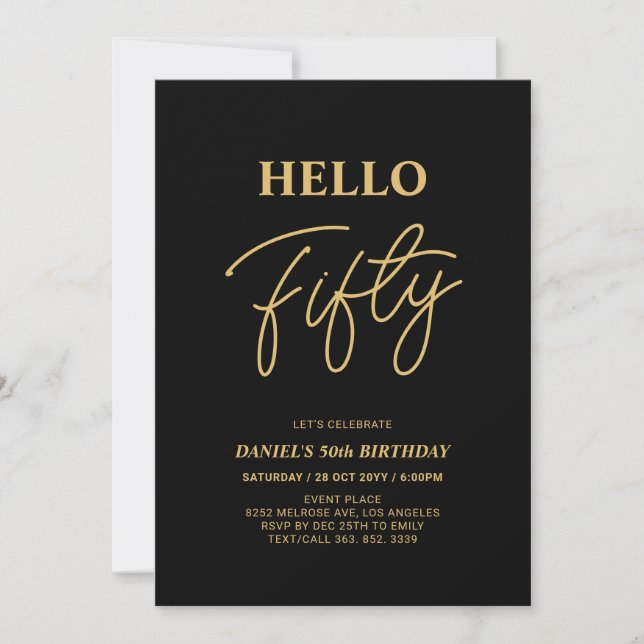 Hello Fifty | Gold & Black 50th Birthday Party Invitation (Front)