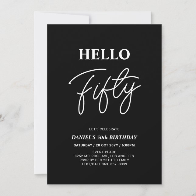 Hello Fifty | Modern Black 50th Birthday Party Invitation (Front)