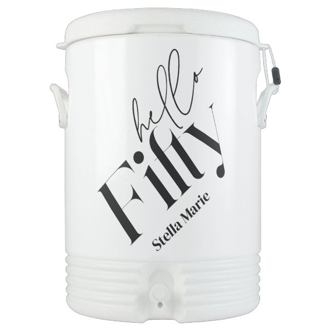 Hello fifty modern minimal elegant 50th birthday beverage cooler (Front)