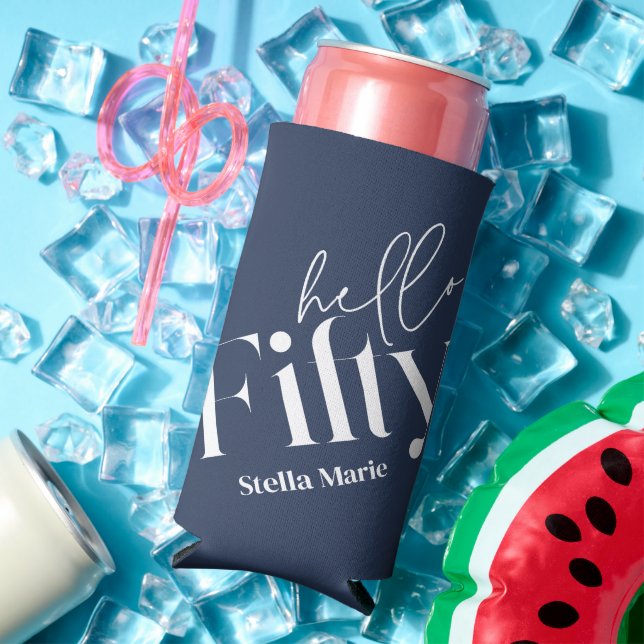 Hello fifty modern minimal navy blue 50th birthday seltzer can cooler (In Situ Summer)