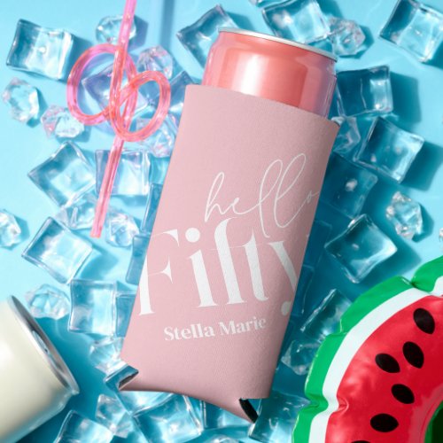 Hello fifty modern minimal pink 50th birthday seltzer can cooler