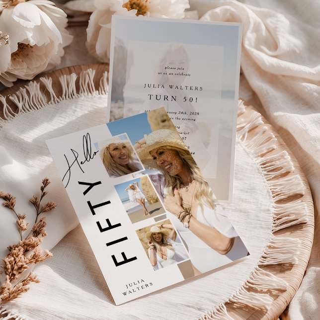 Hello FIFTY' Modern Photo Collage 50th Birthday Invitation (Creator Uploaded)