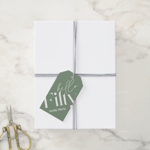 Hello fifty modern simple sage green 50th birthday gift tags