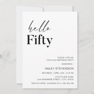 Hello Fifty Modern White Minimalist 50th Birthday Invitation