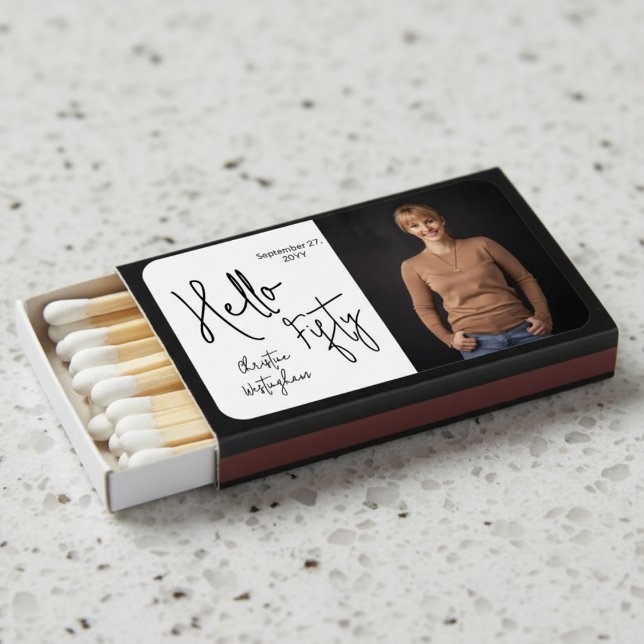 Hello Fifty Name Photo 50th Birthday Party Matchboxes (Creator Uploaded)