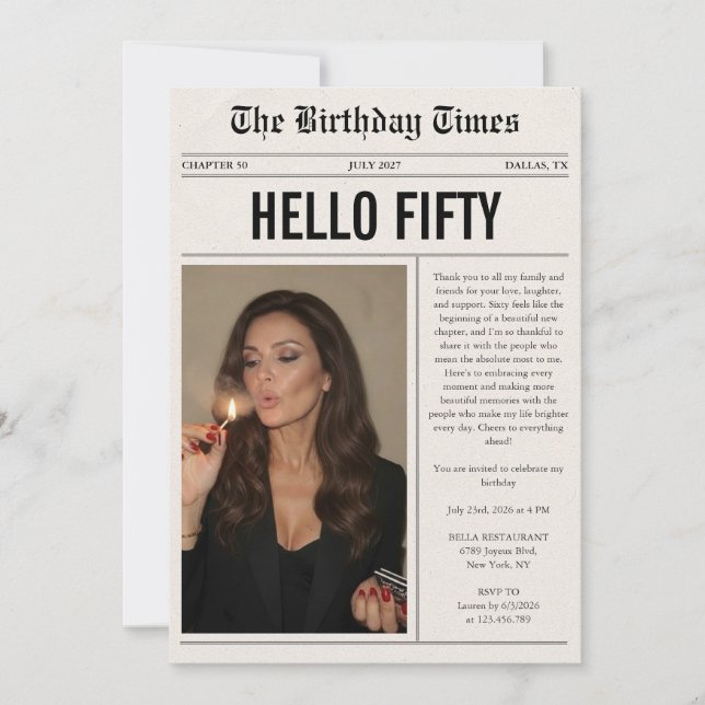Hello Fifty Photo Newspaper 50th Birthday Invitation (Front)