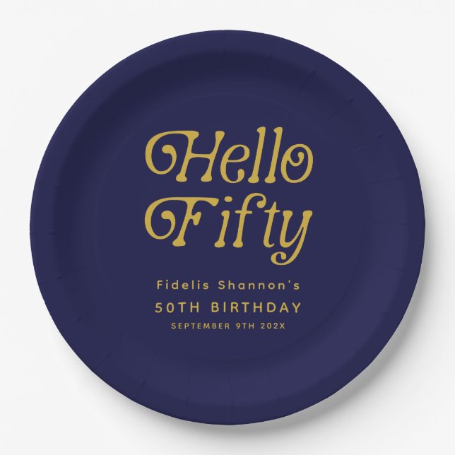 Hello Fifty Retro 50th Birthday Party Paper Plates (Front)