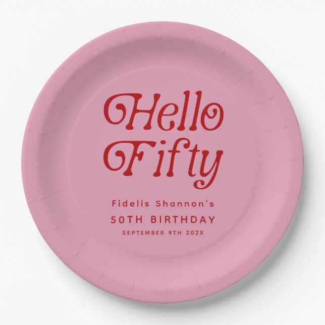Hello Fifty Retro 50th Birthday Party Paper Plates (Front)