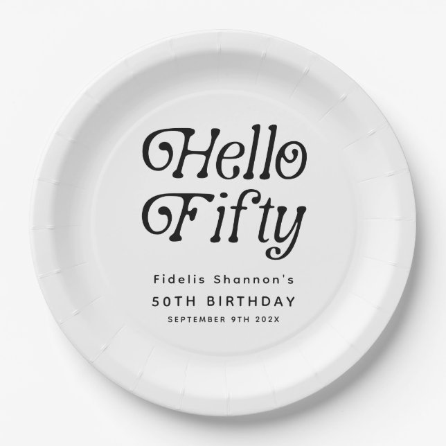 Hello Fifty Retro 50th Birthday Party Paper Plates (Front)