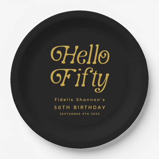 Hello Fifty Retro 50th Birthday Party Paper Plates (Front)