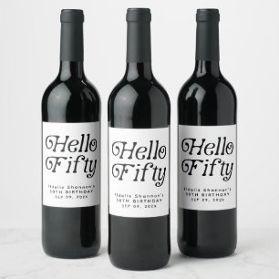 Hello Fifty Retro 50th Birthday Party Wine Label