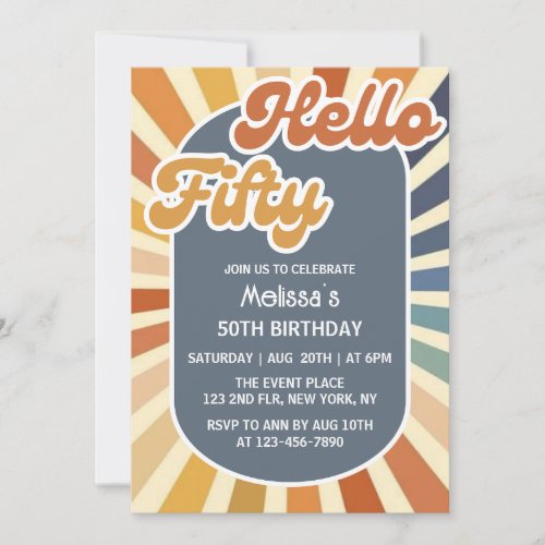 Hello Fifty Retro Sun Groovy Wave 50th Birthday Invitation