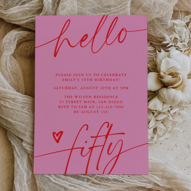 Hello Fifty, Typography Script 50th Birthday Party Invitation (Creator Uploaded)