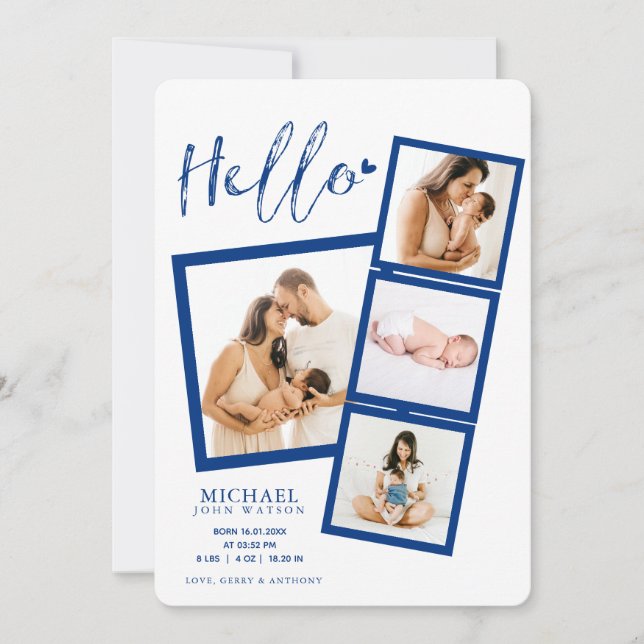 Hello Film Strip Photo Collage Newborn Baby Boy  Announcement (Front)