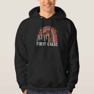 Hello First Grade 1st Grade Rainbow Leopard Back T Hoodie