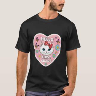 Hello First Grade 1st Grader Girl Kitten Cat Back T-Shirt