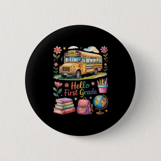 Hello First Grade Back To School Bus Backpack Teac Button (Front)