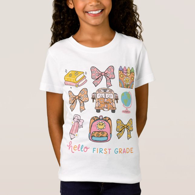 Hello First Grade Back To School Coquette Bow T-Shirt (Front)