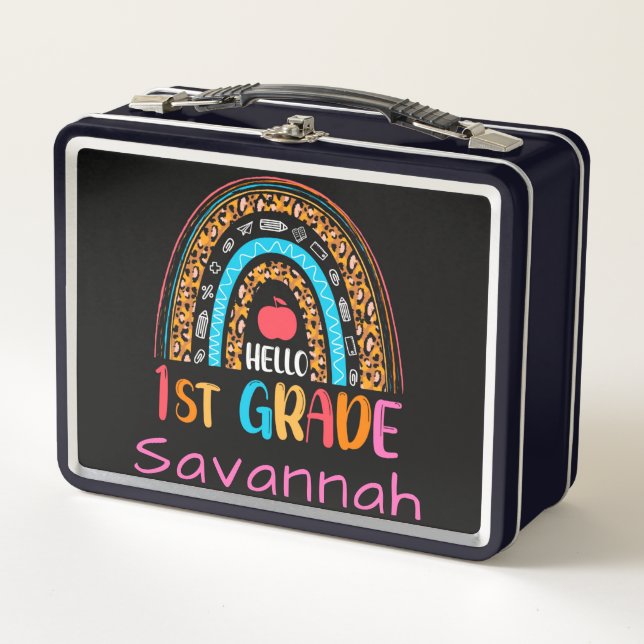 Hello First Grade Bohemian Arch Rainbow Metal Lunch Box (Front)