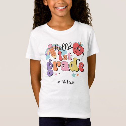 Hello First Grade Colorful Elementary School White T_Shirt