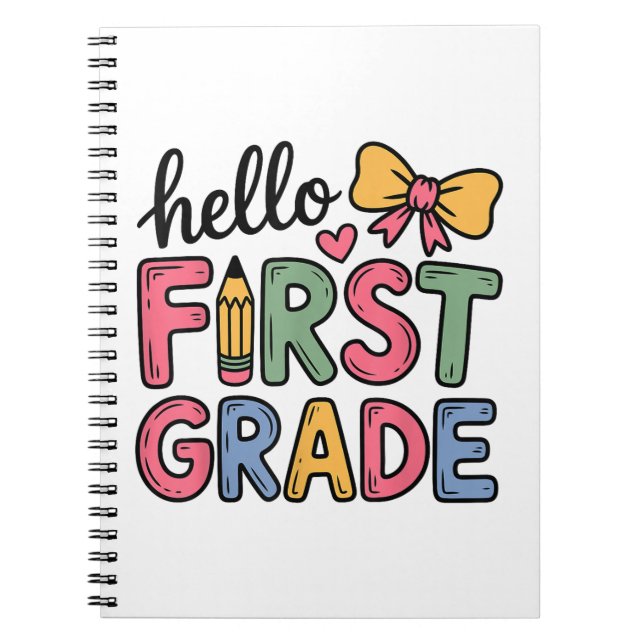 Hello First Grade Coquette Bow Teacher Notebook (Front)