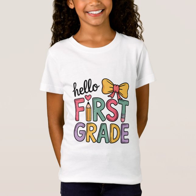 Hello First Grade Coquette Bow Teacher T-Shirt (Front)