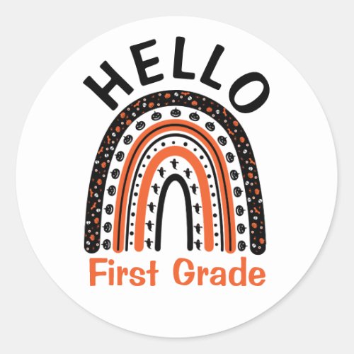 Hello First Grade Halloween teacher boho rainbow Classic Round Sticker