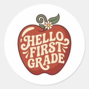 Hello First Grade Retro Apple Back to school Classic Round Sticker