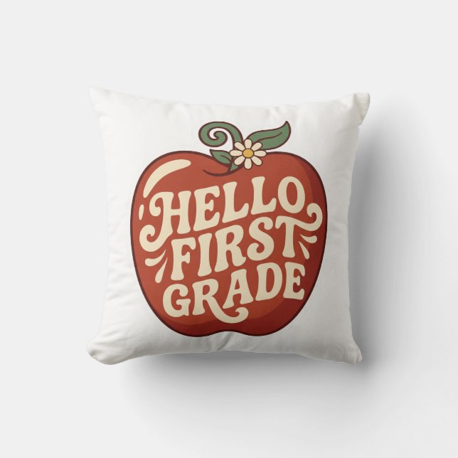 Hello First Grade Retro Apple Back to school Throw Pillow (Front)
