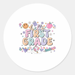 Hello First Grade Retro Back To School Coquette Te Classic Round Sticker