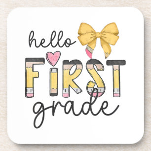 Hello First Grade Teacher Coquette Pencil Bow Back Beverage Coaster