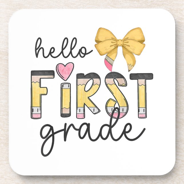 Hello First Grade Teacher Coquette Pencil Bow Back Beverage Coaster (Front)