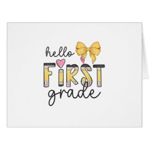 Hello First Grade Teacher Coquette Pencil Bow Back Cards