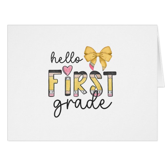 Hello First Grade Teacher Coquette Pencil Bow Back Cards (Front Horizontal)