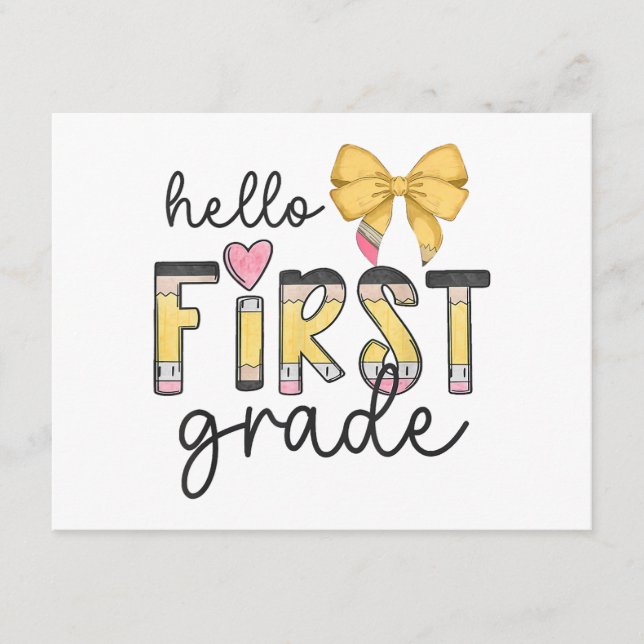 Hello First Grade Teacher Coquette Pencil Bow Back Enclosure Card (Front)