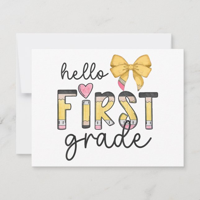 Hello First Grade Teacher Coquette Pencil Bow Back Holiday Card (Front)