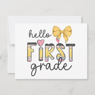 Hello First Grade Teacher Coquette Pencil Bow Back Holiday Card