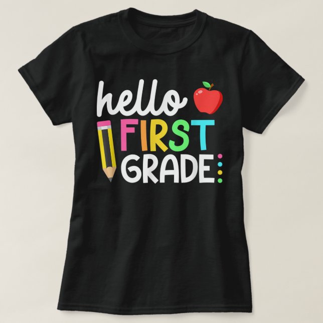 Hello First Grade Teacher Coquette Pencil Bow T-Shirt (Design Front)