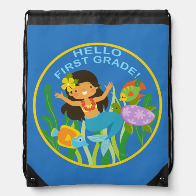 HELLO FIRST GRADE! Whimsical Mermaid Drawstring Bag (Front)