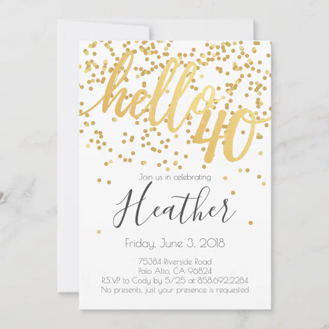 Hello Forty 40th Birthday White and Gold Confetti Invitation | Zazzle