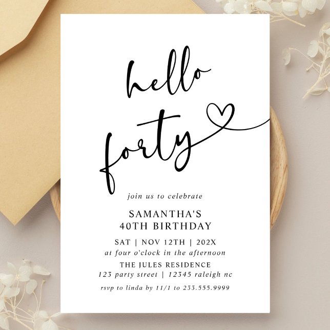 Hello Forty Black and White 40th Birthday Party Invitation (Creator Uploaded)