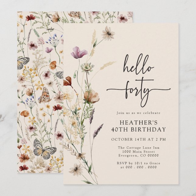 Hello Forty Boho Birthday Invitation (Front/Back)
