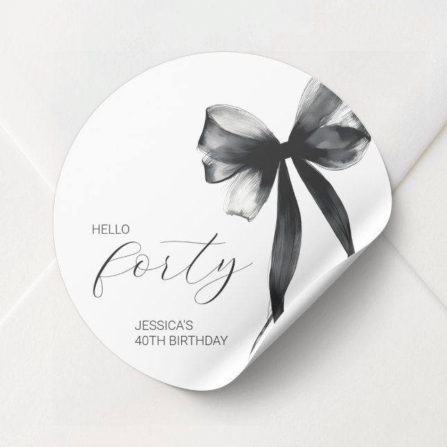 Hello Forty Elegant Script Bow 40th Birthday Party Classic Round Sticker (Hello Forty Elegant Script Bow 40th Birthday Party Classic Round Sticker)