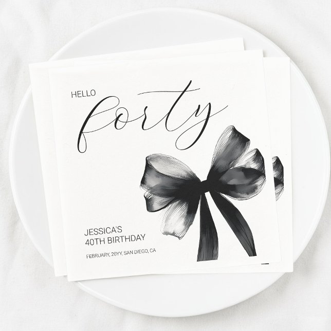 Hello Forty Elegant Script Bow 40th Birthday Party Napkins (Hello Forty Elegant Script Bow 40th Birthday Party Napkins)